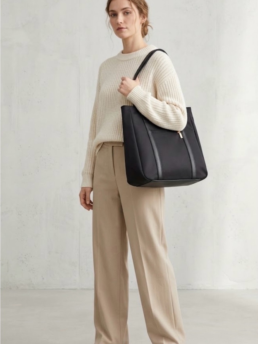 Structured Black Tote Bag with Zip Accent - Women